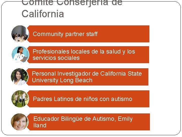 Comité Conserjería de California Community partner staff Profesionales locales de la salud y los