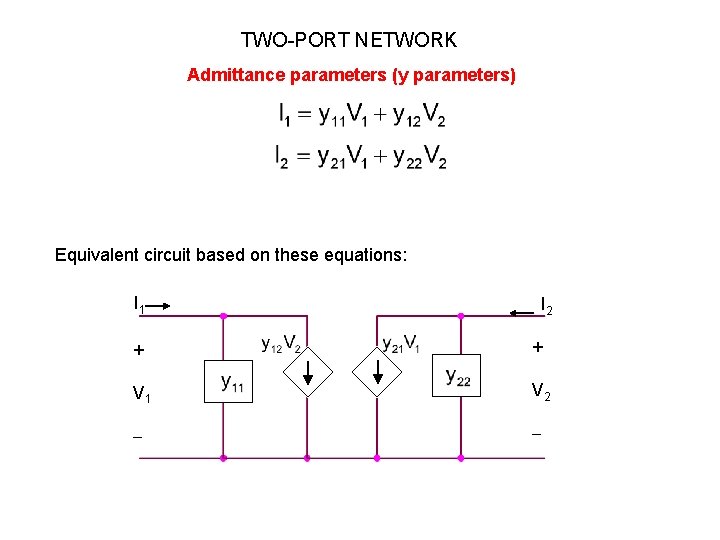 TWO-PORT NETWORK Admittance parameters (y parameters) Equivalent circuit based on these equations: I 1 TWO-PORT NETWORK Admittance parameters (y parameters) Equivalent circuit based on these equations: I 1