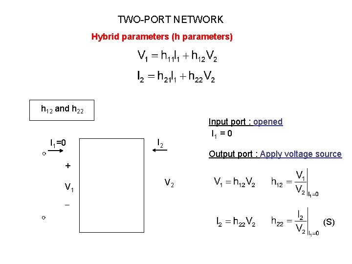 TWO-PORT NETWORK Hybrid parameters (h parameters) h 12 and h 22 I 1=0 Input TWO-PORT NETWORK Hybrid parameters (h parameters) h 12 and h 22 I 1=0 Input