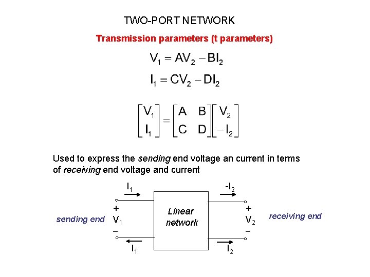 TWO-PORT NETWORK Transmission parameters (t parameters) Used to express the sending end voltage an TWO-PORT NETWORK Transmission parameters (t parameters) Used to express the sending end voltage an