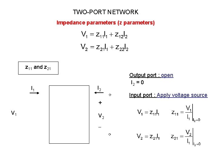 TWO-PORT NETWORK Impedance parameters (z parameters) z 11 and z 21 I 2 Input TWO-PORT NETWORK Impedance parameters (z parameters) z 11 and z 21 I 2 Input