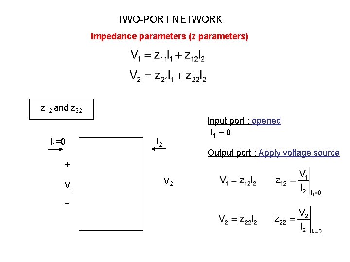 TWO-PORT NETWORK Impedance parameters (z parameters) z 12 and z 22 I 1=0 Input TWO-PORT NETWORK Impedance parameters (z parameters) z 12 and z 22 I 1=0 Input