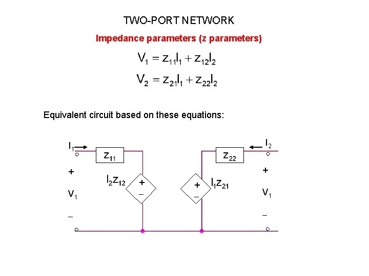 TWO-PORT NETWORK Impedance parameters (z parameters) Equivalent circuit based on these equations: I 2 TWO-PORT NETWORK Impedance parameters (z parameters) Equivalent circuit based on these equations: I 2