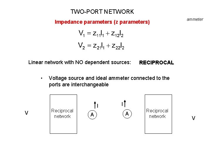 TWO-PORT NETWORK Impedance parameters (z parameters) Linear network with NO dependent sources: • V TWO-PORT NETWORK Impedance parameters (z parameters) Linear network with NO dependent sources: • V