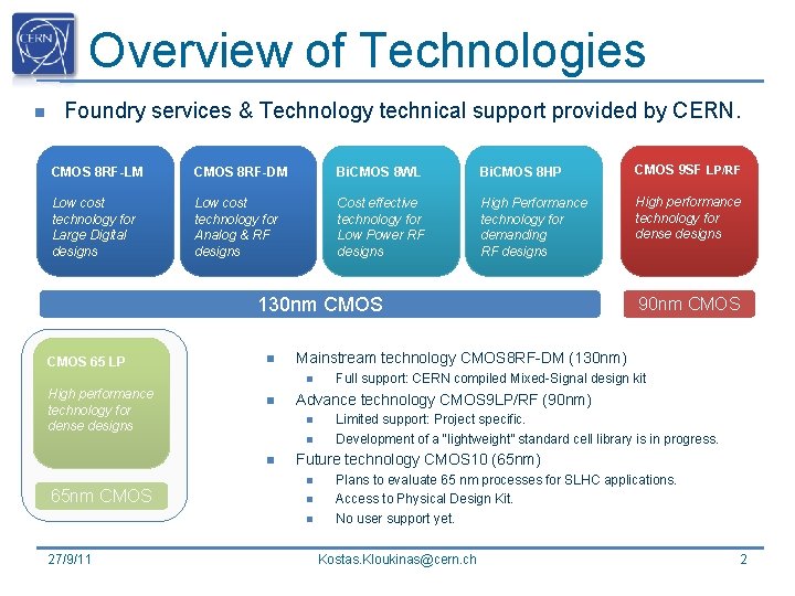 Overview of Technologies n Foundry services & Technology technical support provided by CERN. CMOS