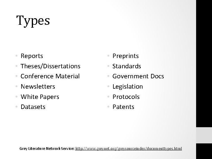 Types • • • Reports Theses/Dissertations Conference Material Newsletters White Papers Datasets • •