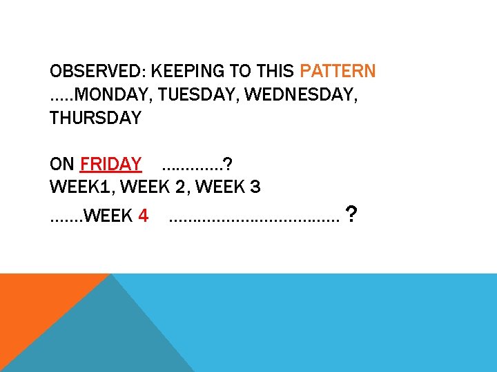 OBSERVED: KEEPING TO THIS PATTERN …. . MONDAY, TUESDAY, WEDNESDAY, THURSDAY ON FRIDAY ………….