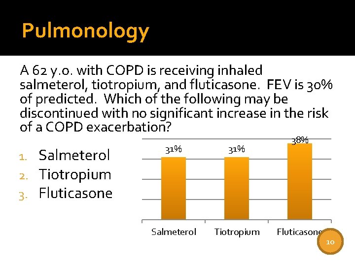 Pulmonology A 62 y. o. with COPD is receiving inhaled salmeterol, tiotropium, and fluticasone.