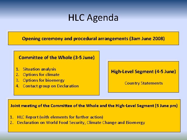 HLC Agenda Opening ceremony and procedural arrangements (3 am June 2008) Committee of the HLC Agenda Opening ceremony and procedural arrangements (3 am June 2008) Committee of the