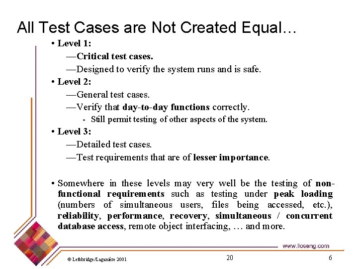All Test Cases are Not Created Equal… • Level 1: —Critical test cases. —Designed