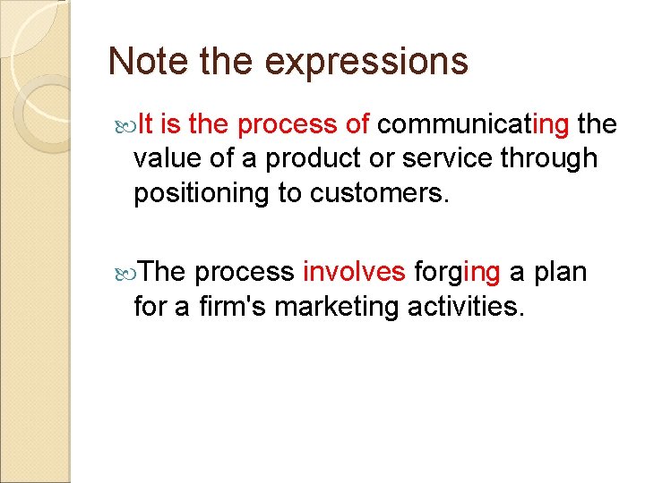 Note the expressions It is the process of communicating the value of a product