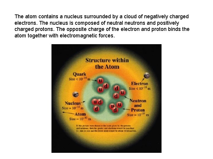 The atom contains a nucleus surrounded by a cloud of negatively charged electrons. The
