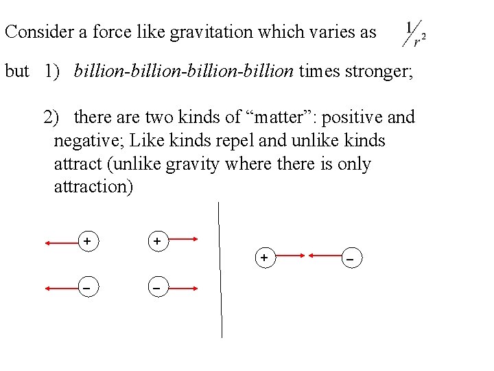 Consider a force like gravitation which varies as but 1) billion-billion-billion times stronger; 2)