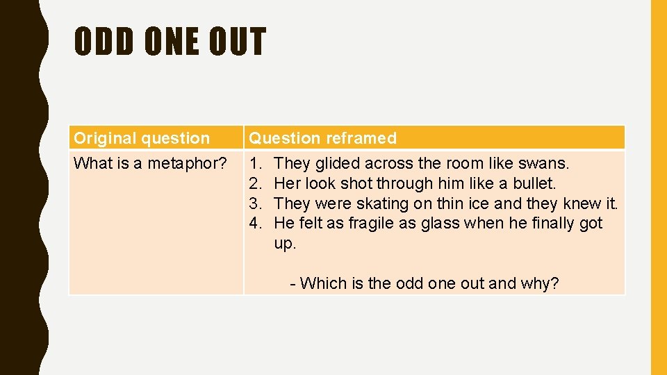ODD ONE OUT Original question What is a metaphor? Question reframed 1. They glided
