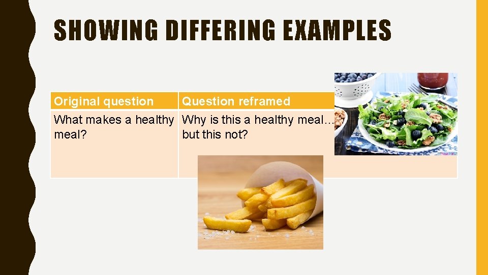 SHOWING DIFFERING EXAMPLES Original question Question reframed What makes a healthy Why is this