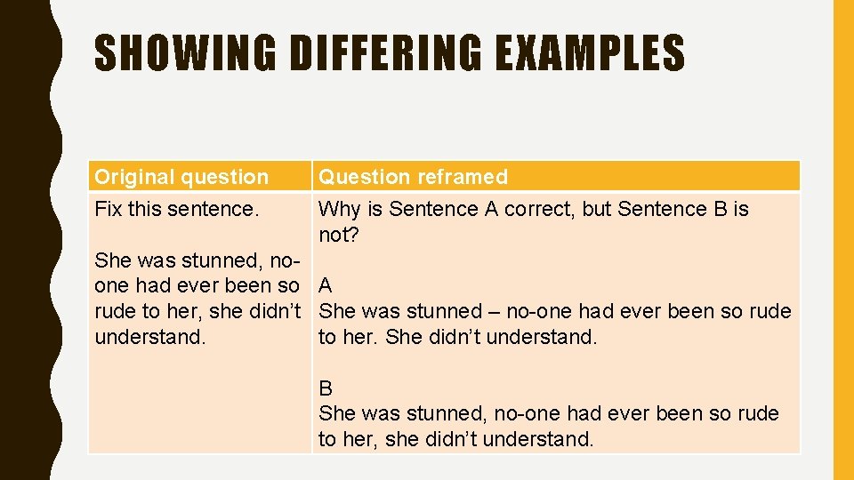 SHOWING DIFFERING EXAMPLES Original question Fix this sentence. Question reframed Why is Sentence A
