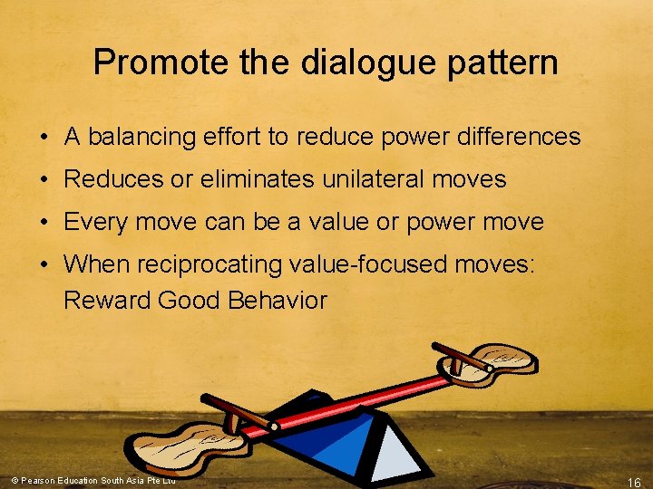Promote the dialogue pattern • A balancing effort to reduce power differences • Reduces Promote the dialogue pattern • A balancing effort to reduce power differences • Reduces