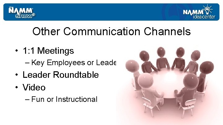 Other Communication Channels • 1: 1 Meetings – Key Employees or Leaders • Leader