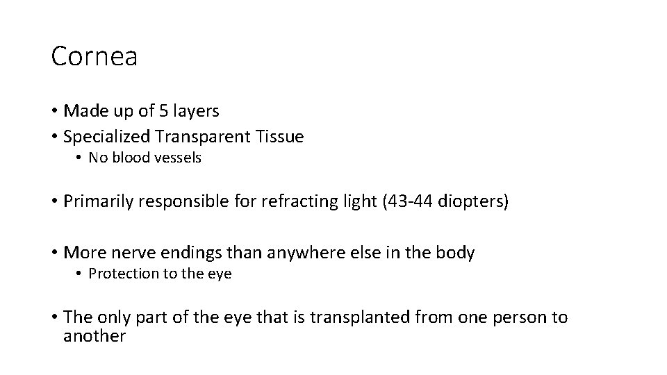 Cornea • Made up of 5 layers • Specialized Transparent Tissue • No blood