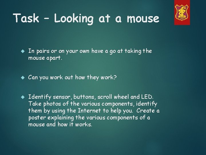 Task – Looking at a mouse In pairs or on your own have a