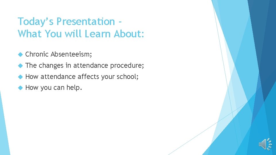 Today’s Presentation What You will Learn About: Chronic Absenteeism; The changes in attendance procedure; Today’s Presentation What You will Learn About: Chronic Absenteeism; The changes in attendance procedure;