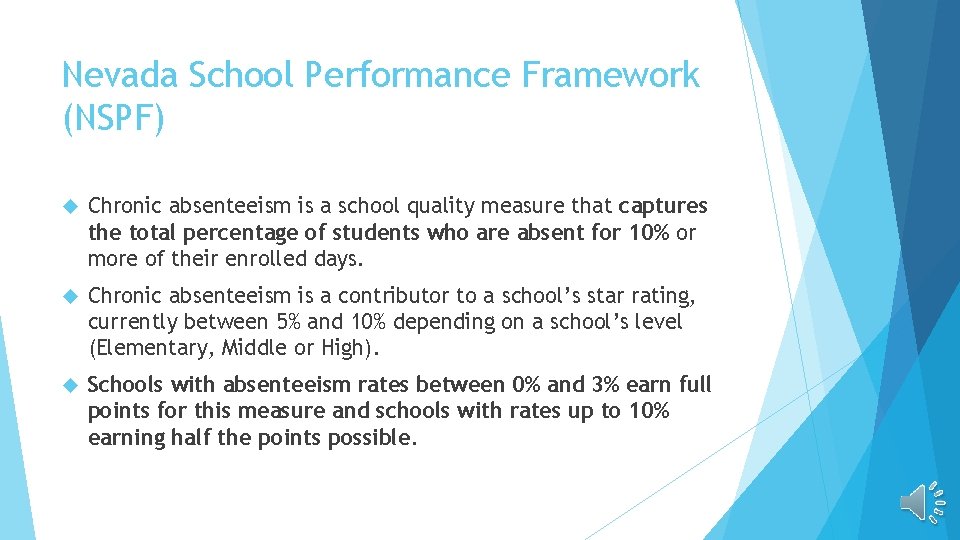 Nevada School Performance Framework (NSPF) Chronic absenteeism is a school quality measure that captures Nevada School Performance Framework (NSPF) Chronic absenteeism is a school quality measure that captures