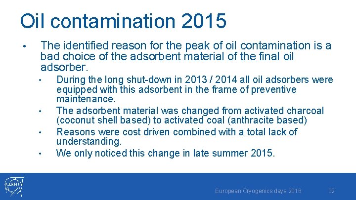 Oil contamination 2015 • The identified reason for the peak of oil contamination is