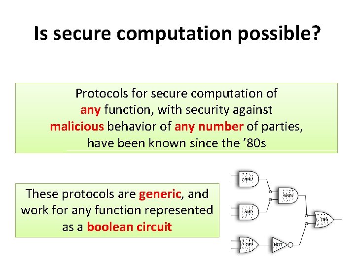 Is secure computation possible? Protocols for secure computation of any function, with security against