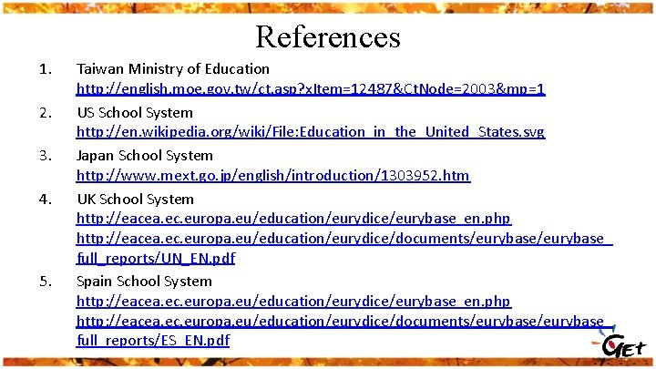 References 1. 2. 3. 4. 5. Taiwan Ministry of Education http: //english. moe. gov.