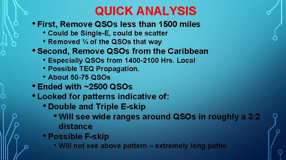 QUICK ANALYSIS • First, Remove QSOs less than 1500 miles • Could be Single-E,