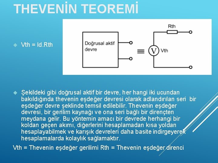 THEVENİN TEOREMİ Vth = Id. Rth Şekildeki gibi doğrusal aktif bir devre, her hangi