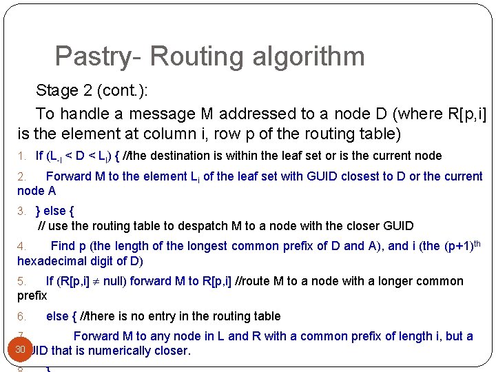 Pastry- Routing algorithm Stage 2 (cont. ): To handle a message M addressed to