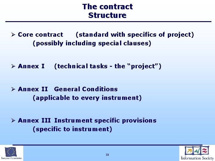 The contract Structure Ø Core contract (standard with specifics of project) (possibly including special