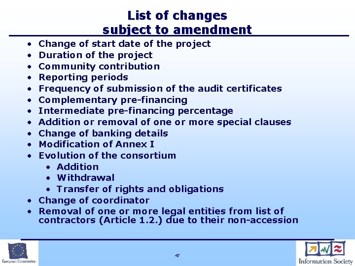 List of changes subject to amendment • • • Change of start date of