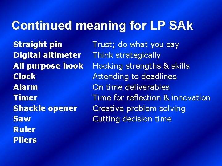 Continued meaning for LP SAk Straight pin Digital altimeter All purpose hook Clock Alarm