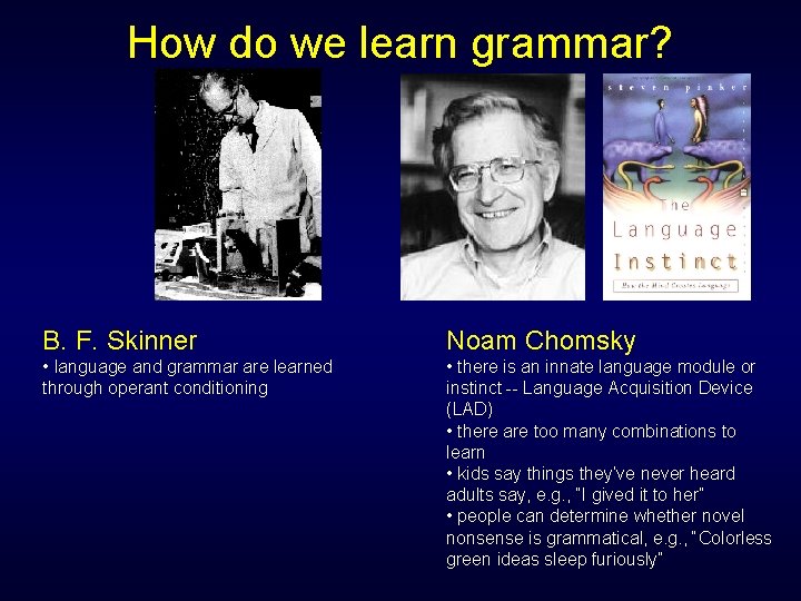 How do we learn grammar? B. F. Skinner Noam Chomsky • language and grammar