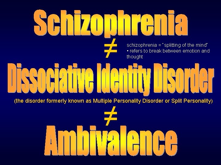≠ schizophrenia = “splitting of the mind” • refers to break between emotion and