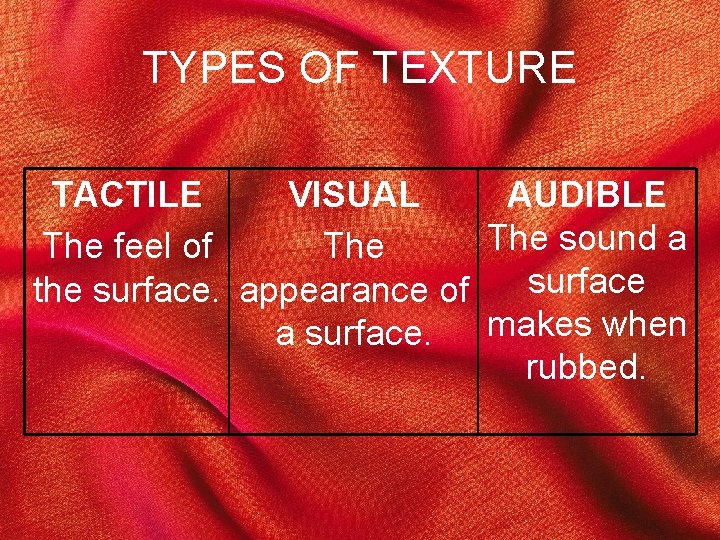 TYPES OF TEXTURE TACTILE VISUAL AUDIBLE The sound a The feel of The surface