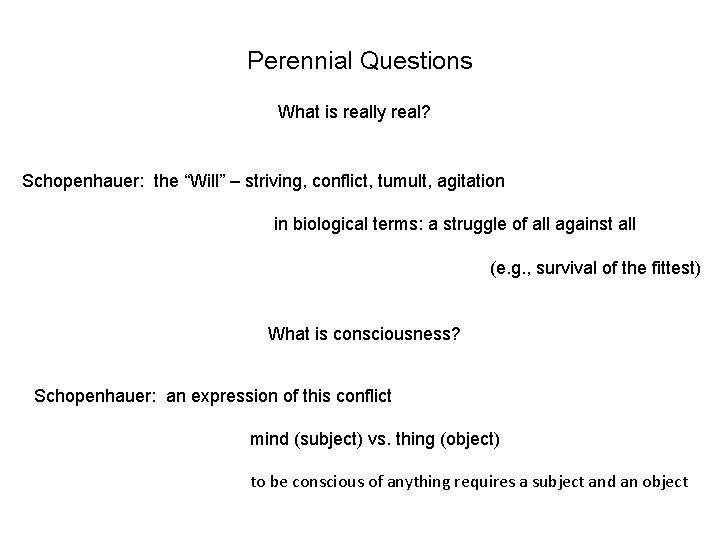 Perennial Questions What is really real? Schopenhauer: the “Will” – striving, conflict, tumult, agitation