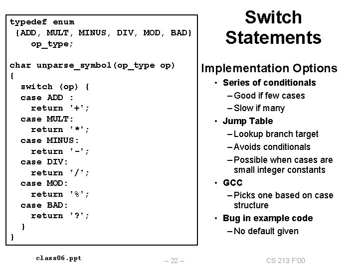 typedef enum {ADD, MULT, MINUS, DIV, MOD, BAD} op_type; char unparse_symbol(op_type op) { switch