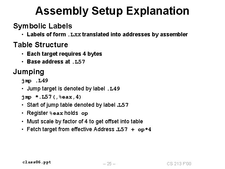 Assembly Setup Explanation Symbolic Labels • Labels of form. LXX translated into addresses by