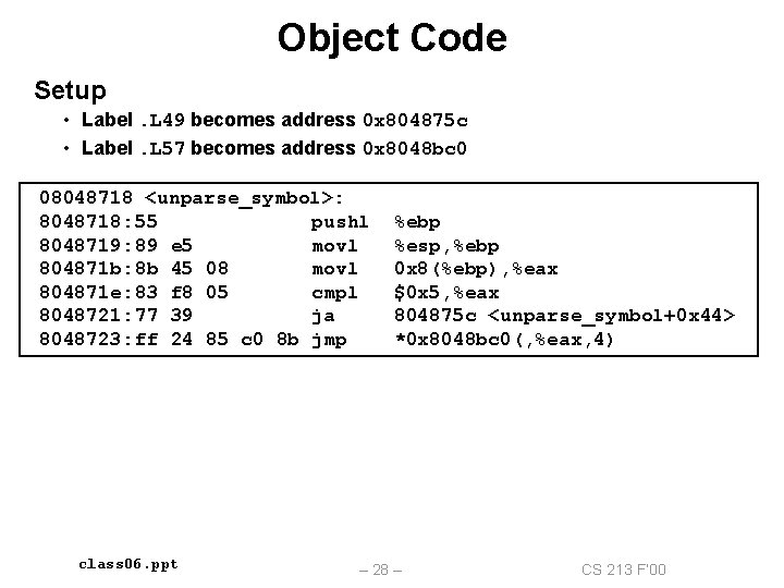 Object Code Setup • Label. L 49 becomes address 0 x 804875 c •