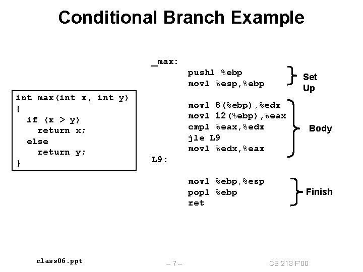 Conditional Branch Example _max: pushl %ebp movl %esp, %ebp int max(int x, int y)