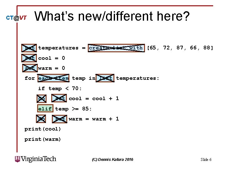 CT@VT What’s new/different here? set temperatures = create list with [65, 72, 87, 66,