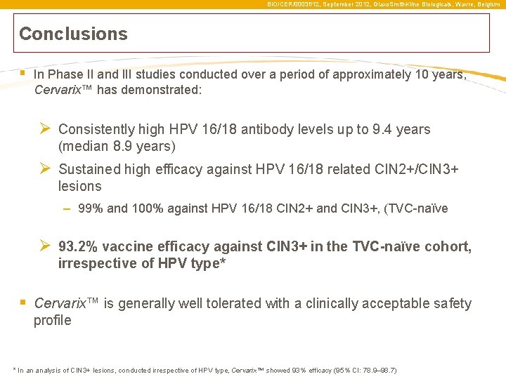 BIO/CER/0003 f/12, September 2012, Glaxo. Smith. Kline Biologicals, Wavre, Belgium Conclusions § In Phase