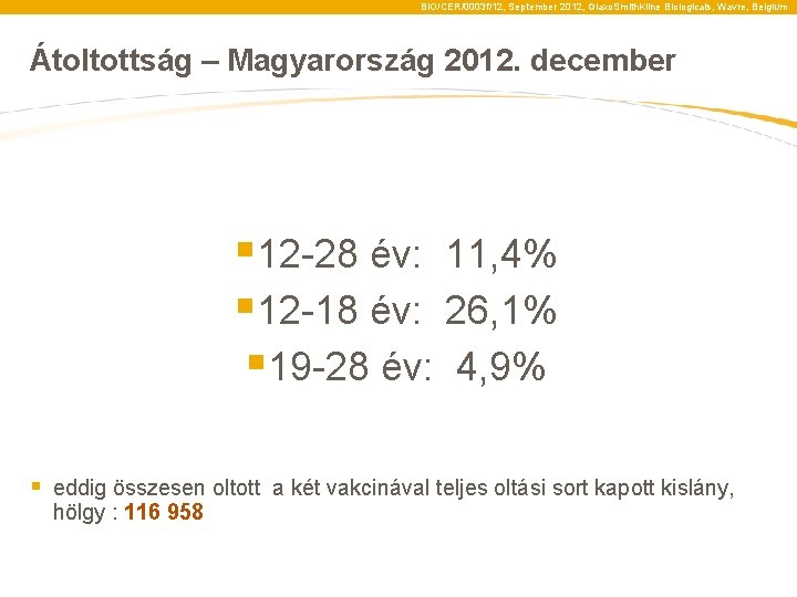 BIO/CER/0003 f/12, September 2012, Glaxo. Smith. Kline Biologicals, Wavre, Belgium Átoltottság – Magyarország 2012.