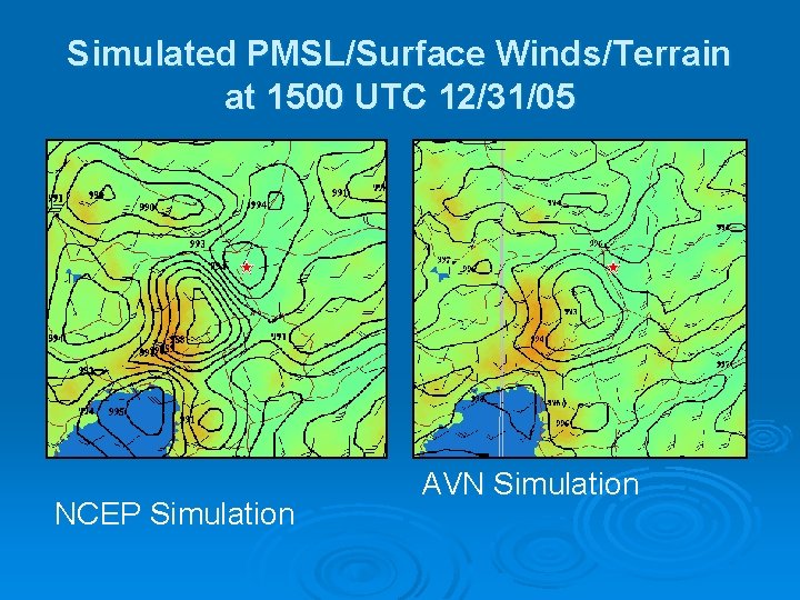 Simulated PMSL/Surface Winds/Terrain at 1500 UTC 12/31/05 NCEP Simulation AVN Simulation 