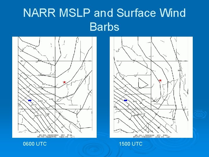 NARR MSLP and Surface Wind Barbs 0600 UTC 1500 UTC 
