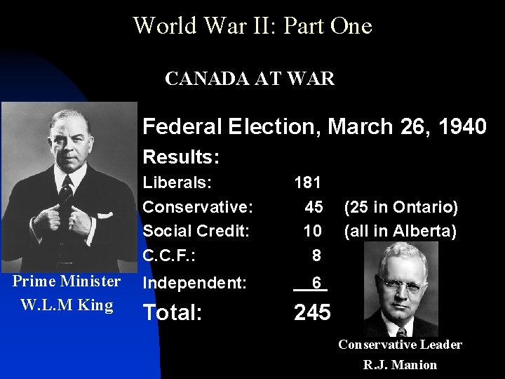 World War II: Part One CANADA AT WAR Federal Election, March 26, 1940 Results: