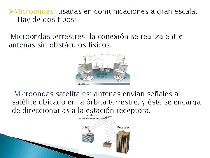 ØMicroondas: usadas en comunicaciones a gran escala. Hay de dos tipos: Microondas terrestres: la